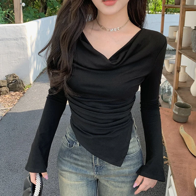 OUTZIDR Black Cowl Neck Assymetric Hem Top
